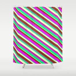 [ Thumbnail: Brown, Fuchsia, Green, and Light Yellow Colored Stripes Pattern Shower Curtain ]