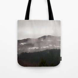 Scottish Highlands Misty Snow Mountain Tote Bag