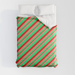 [ Thumbnail: Dark Salmon, Green & Red Colored Striped Pattern Comforter ]