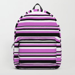 [ Thumbnail: Orchid, Black, and White Colored Striped/Lined Pattern Backpack ]