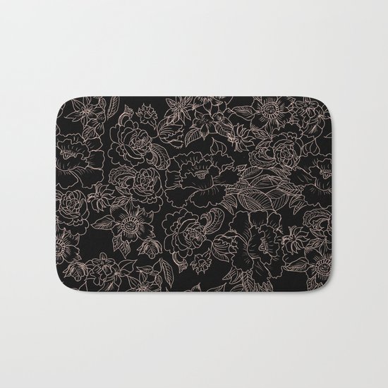 Pink coral tan black floral illustration pattern Bath Mat