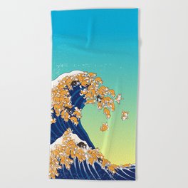 Shiba Inu in Great Wave Beach Towel