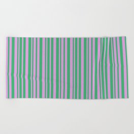 [ Thumbnail: Sea Green and Plum Colored Pattern of Stripes Beach Towel ]