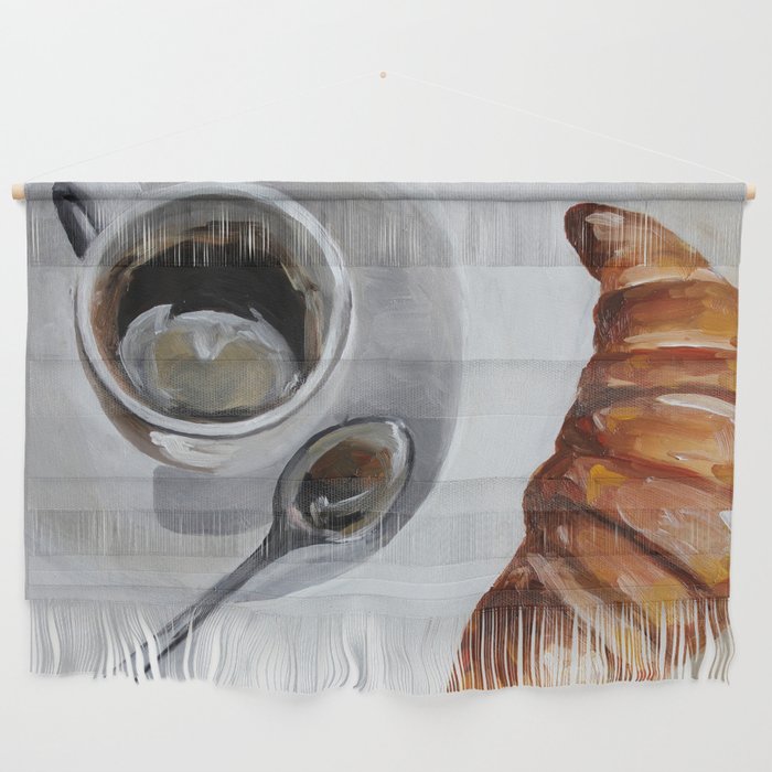 French breakfast, coffee and croissant, original oil painting, daily art Wall Hanging