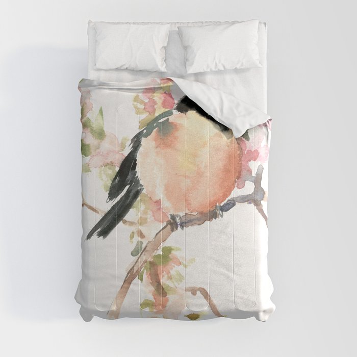 Bullfinch and Spring, Peach colored Floral bird art, spring soft colors Comforter