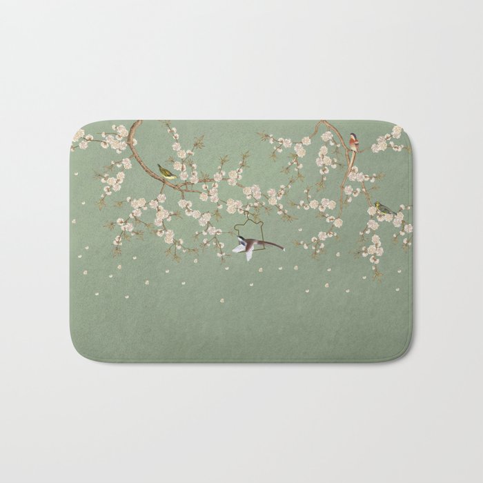 Chinoiserie Sage Green Cherry Blossom Bird Garden Bath Mat
