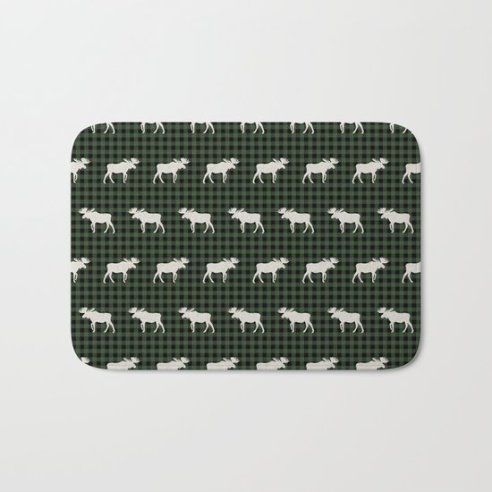 Moose northwest camping cabin chalet pattern plaid hunter green Bath Mat