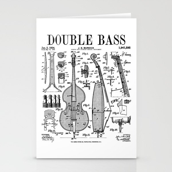 Double Bass Player Bassist Musical Instrument Vintage Patent Stationery Cards