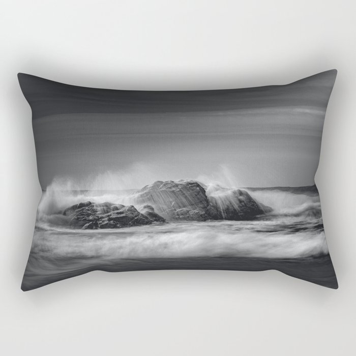 Spectacular ocean breakers (waves) crashing upon the coastline rocks off the beach nautical black and white photography - photographs - photograph Rectangular Pillow