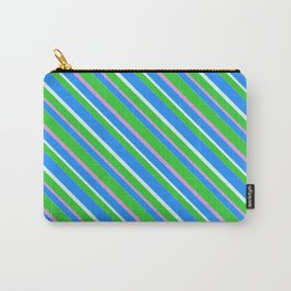 [ Thumbnail: Lime Green, Plum, Blue & Light Cyan Colored Pattern of Stripes Carry-All Pouch ]