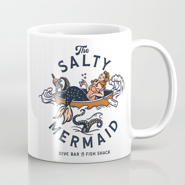 The Salty Mermaid Dive Bar & Fish Shack - Retro Pinup Mermaid Travel Art Coffee Mug