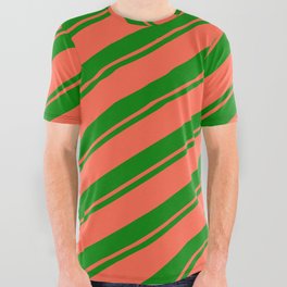 [ Thumbnail: Green & Red Colored Pattern of Stripes All Over Graphic Tee ]