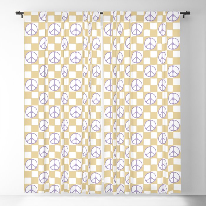 Peace Symbol On Checkerboard \\ Milk Caramel and Lavender Color Palette Blackout Curtain