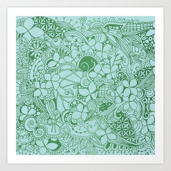 Blue square, green floral doodle, zentangle inspired art pattern Art Print