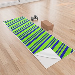 [ Thumbnail: Chartreuse & Blue Colored Lined Pattern Yoga Towel ]