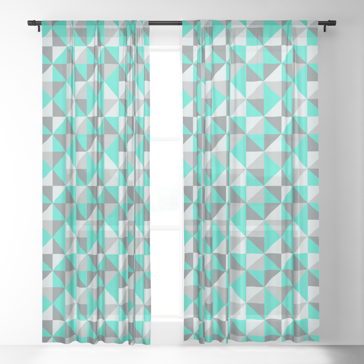 Aqua And Grey Retro Inspired Pattern Sheer Curtain By Aqua And Grey Retro Inspired Pattern
