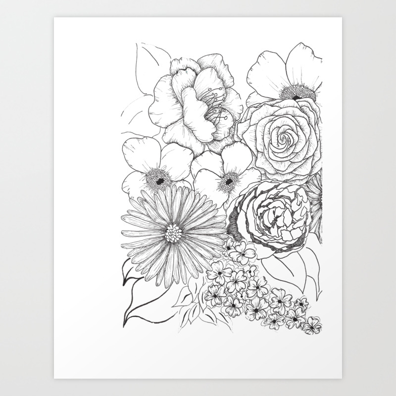 Flower Bouquet Black And White Illustration Art Print By Delislesrustedtreasure Society6