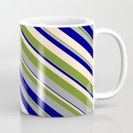 [ Thumbnail: Green, Dark Grey, Blue, and Bisque Colored Stripes/Lines Pattern Coffee Mug ]