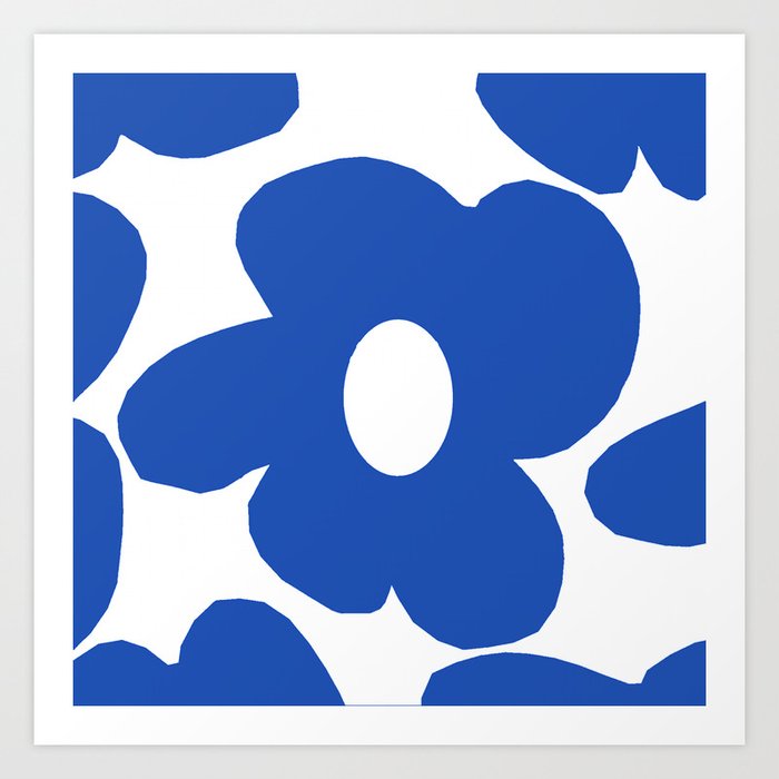 One Large Dark Blue Retro Flower White Background #decor #society6 #buyart Art Print