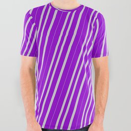 [ Thumbnail: Dark Violet & Light Grey Colored Pattern of Stripes All Over Graphic Tee ]