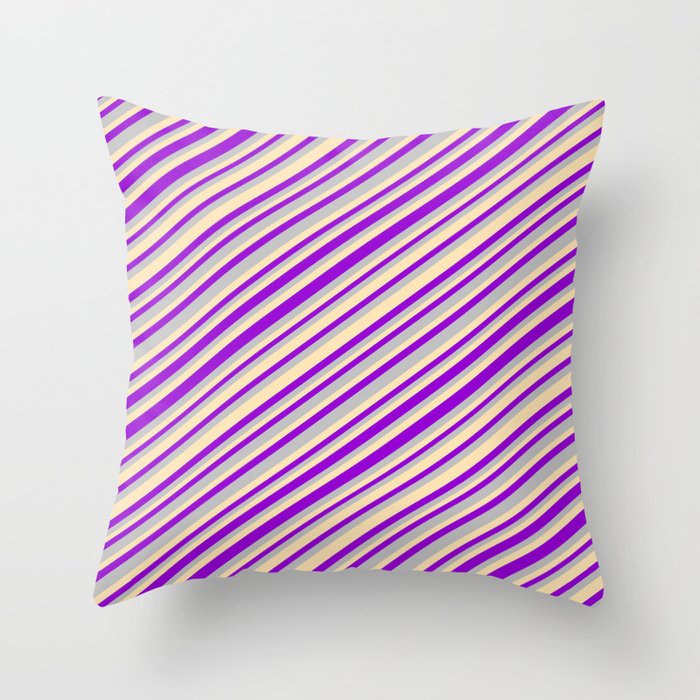 Dark Violet, Grey, and Beige Colored Striped Pattern Throw Pillow