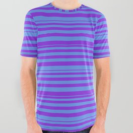 [ Thumbnail: Purple and Cornflower Blue Colored Lines/Stripes Pattern All Over Graphic Tee ]