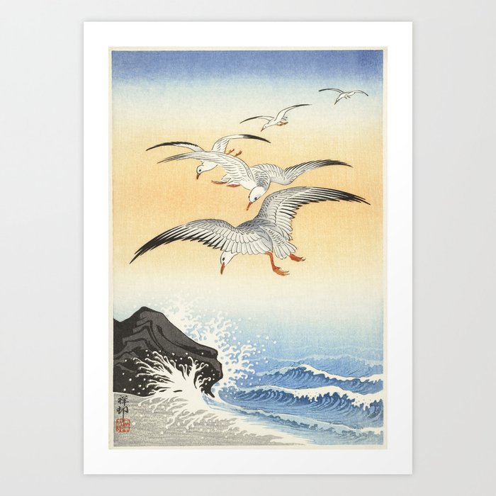 Five seagulls above turbulent sea (1900 - 1930) by Ohara Koson Art Print