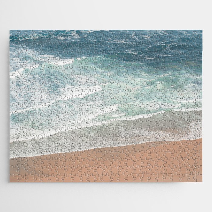 Aerial Beach Travel Photography | Clear Blue Sea Water in Portugal Art Print | Surf Waves in Color Jigsaw Puzzle