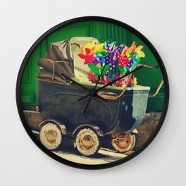 Baby Stroller Photo | Vintage Colorful Art Print | Retro Style Photography Wall Clock | Photo, Baby, Carriage, French, Croix Rousse, Color, Stroller, Old, Street, France 