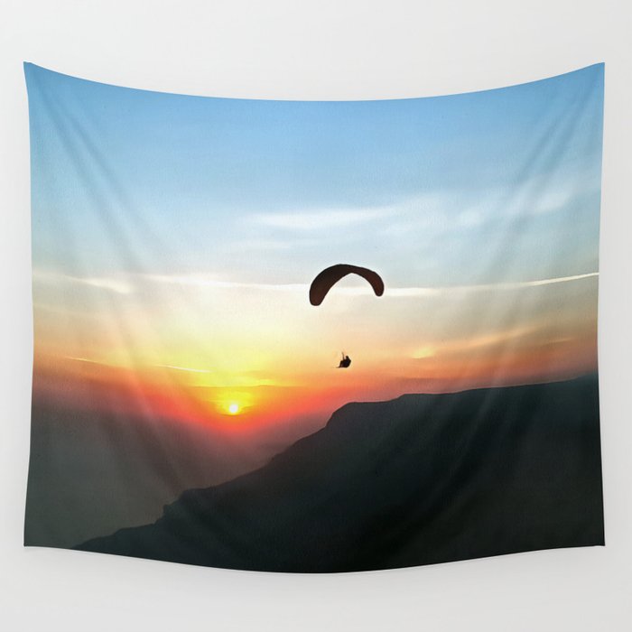 Sunset Paraglide Wanderlust Extreme Sport Art Wall Tapestry