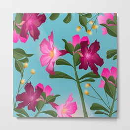 Desert Rose House Plant/Tropical Flower Pattern/Pink, Turquoise and green Metal Print | Digital, Flower, Tropicalrose, Leaves, Style, Floral, Wild, Drawing, Rainel, Nature 