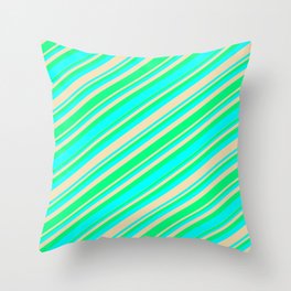 [ Thumbnail: Green, Aqua, and Tan Colored Stripes/Lines Pattern Throw Pillow ]