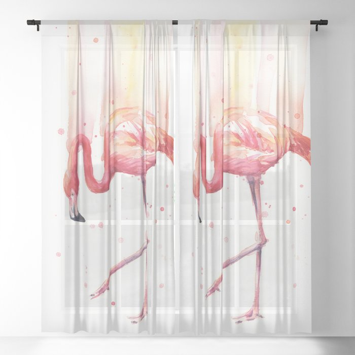 Pink Flamingo Watercolor Tropical Bird Sheer Curtain