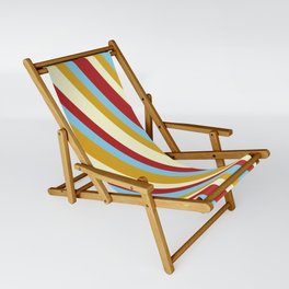 [ Thumbnail: Red, Sky Blue, Goldenrod, and Light Yellow Colored Lined Pattern Sling Chair ]