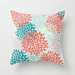 Floral Pattern, Orange, Teal, Mint Green, Flower Print Throw Pillow