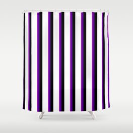[ Thumbnail: Vibrant Tan, Dark Violet, Indigo, Black, and White Colored Pattern of Stripes Shower Curtain ]