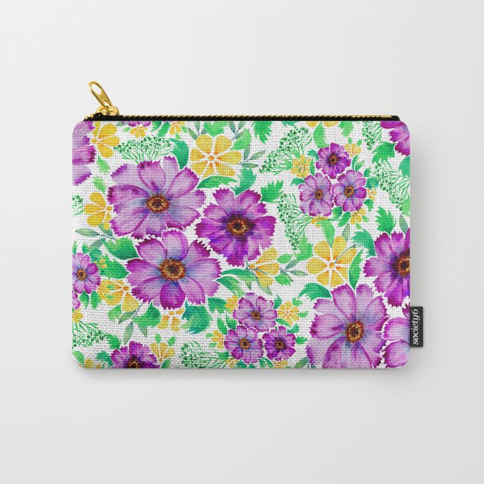 watercolor cosmos flowers pattern on white background  Carry-All Pouch