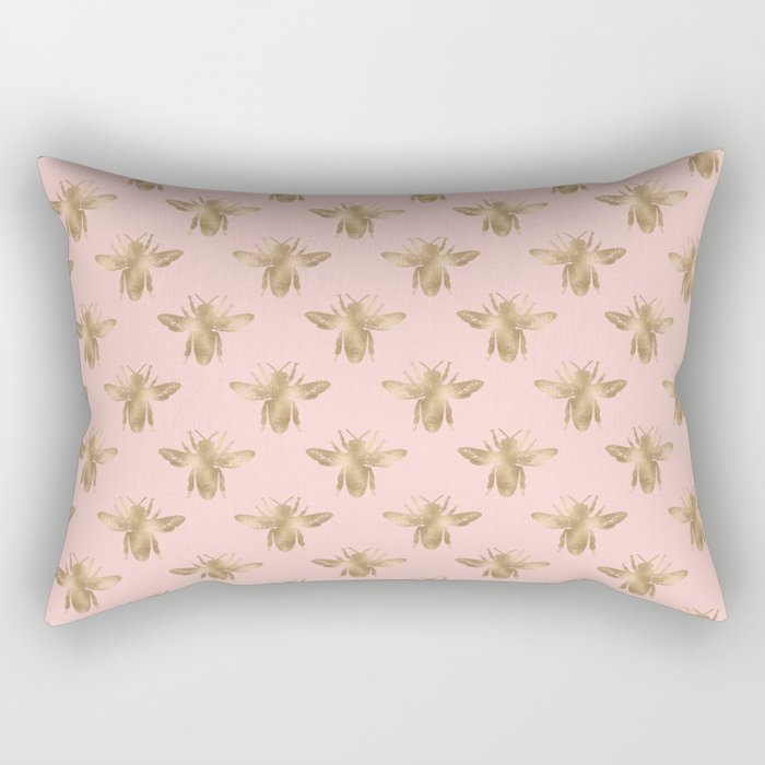 Vintage Gold Honey Bee Pattern Pink Rectangular Pillow
