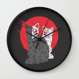 Hand Drawn two Cats with Japanese Style Mask Wall Clock