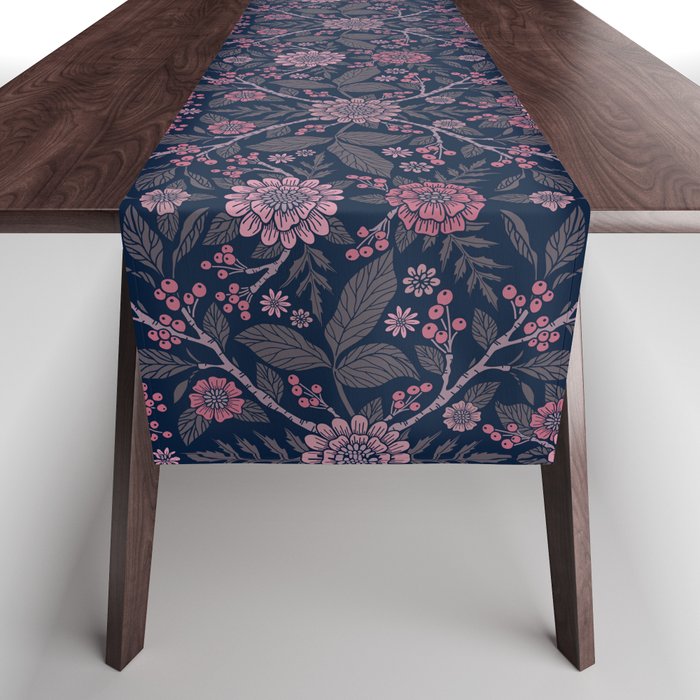 Boho Floral in Navy Blue & Rose Pink Table Runner