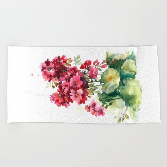 Watercolor geranium flowers Beach Towel
