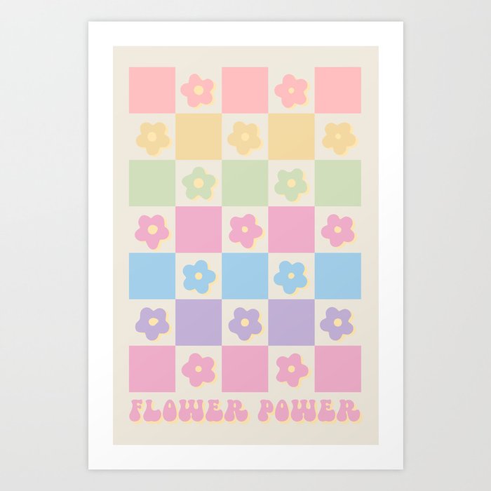 Checkered Flower Power Danish Pastel Rainbow Tones Art Print