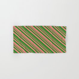[ Thumbnail: Forest Green & Light Coral Colored Pattern of Stripes Hand & Bath Towel ]