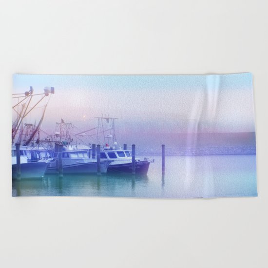 Moored Boats In the Early Morning Fog Beach Towel