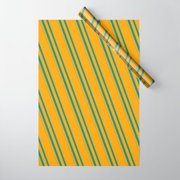 [ Thumbnail: Orange and Dark Cyan Colored Striped/Lined Pattern Wrapping Paper ]