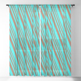 [ Thumbnail: Sienna and Cyan Colored Lined/Striped Pattern Sheer Curtain ]