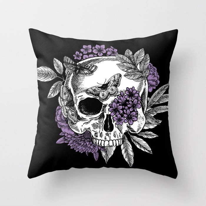 Skulls and Flowers Black White Purple Violet Rock and Roll Gothic Horror Throw Pillow