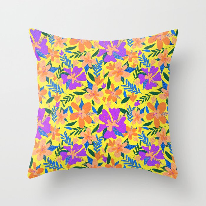 Yellow with Fluorescent Florals Throw Pillow