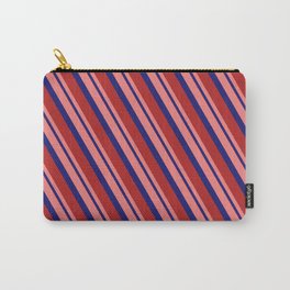 [ Thumbnail: Light Coral, Midnight Blue, and Red Colored Stripes/Lines Pattern Carry-All Pouch ]