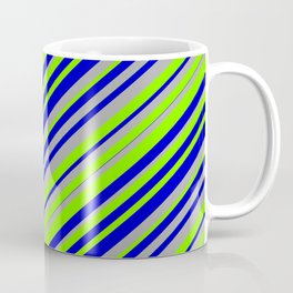 [ Thumbnail: Chartreuse, Blue, and Dark Gray Colored Lined Pattern Coffee Mug ]